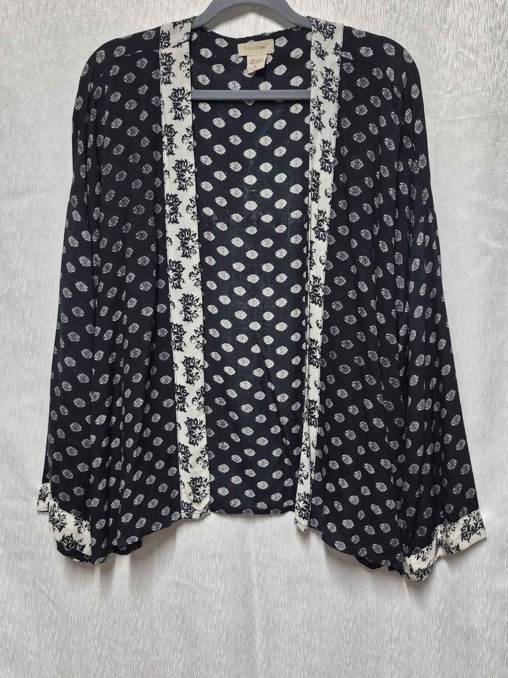 Passport Navy Blue Cream Abstract Pattern Short Kimono Cardigan Rayon M